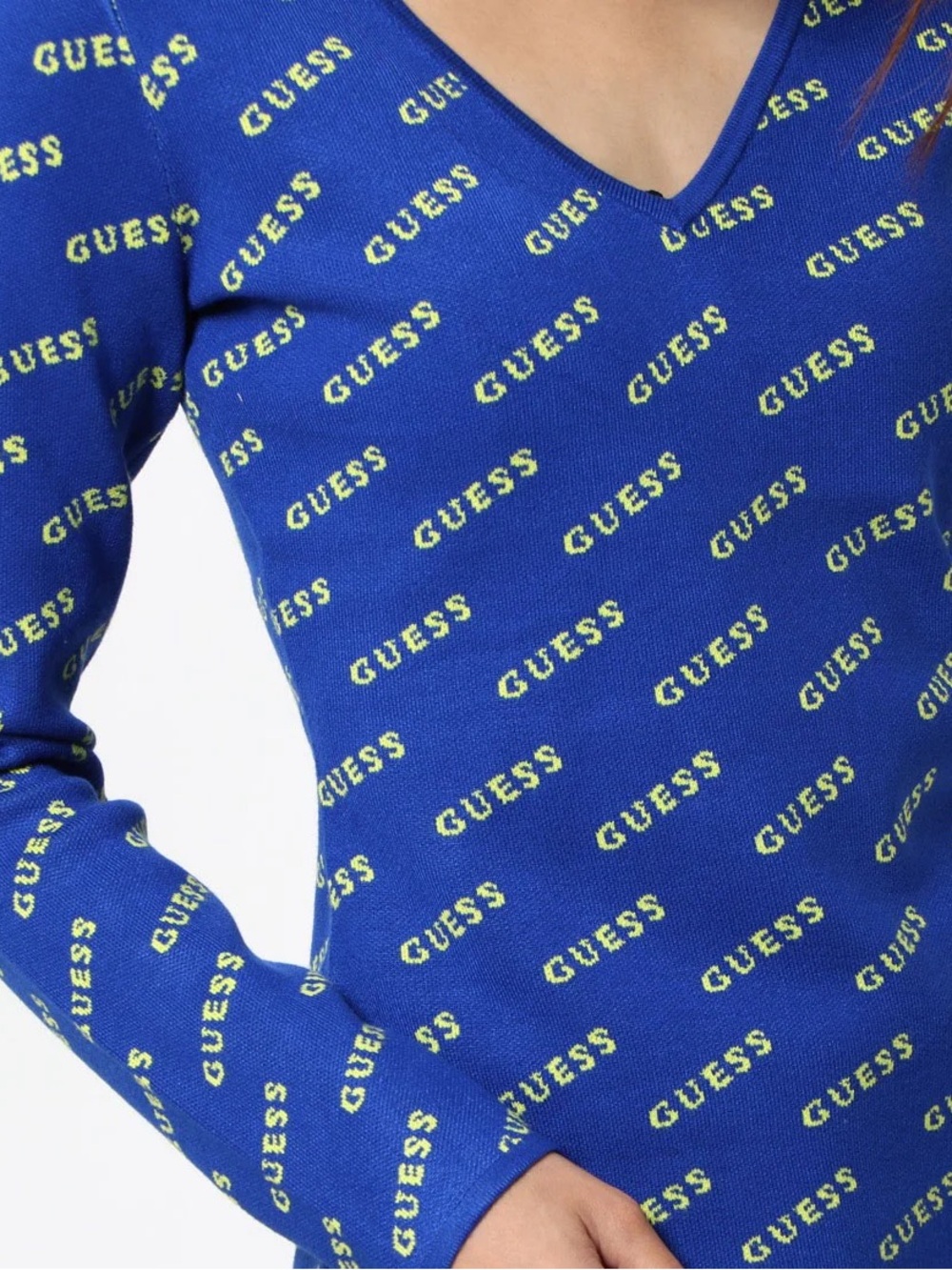 GUESS Royal Blue Sweater with Neon Yellow Logo Print